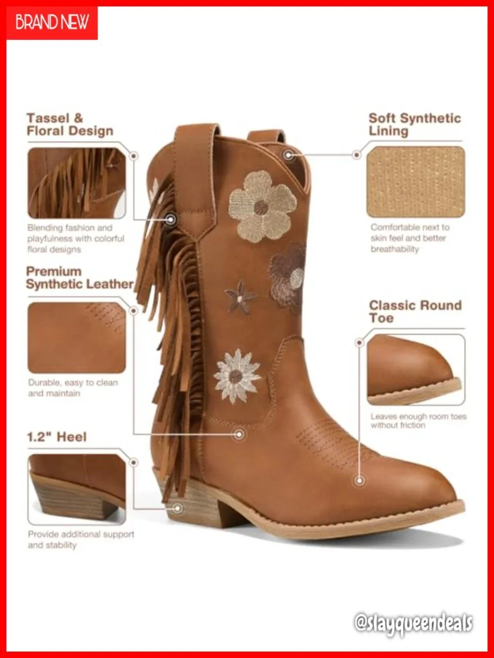 Girls Cowboy Boots with Floral Embroidered Faux Leather Tassel Western Boots